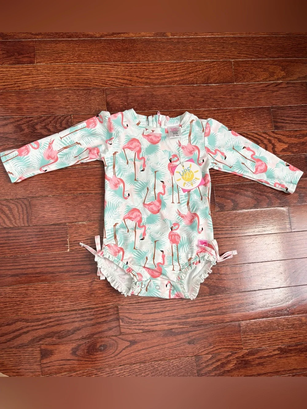 Ruffle Butts Flamingo Print Long Sleeve Baby Swimsuit